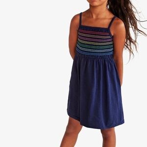 Primary Girls Navy Blue Rainbow Smocked Cotton Tank Dress 3T